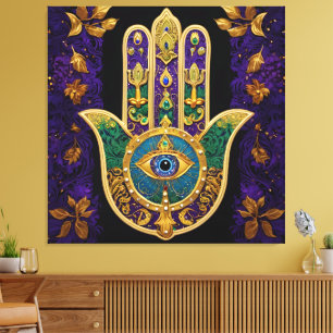 Toile Hamsa Troisième Œil Orné en Or