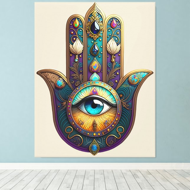 Toile Hamsa Violet Doré Turquoise avec Troisième Œil Tur (Insitu (Plancher de Bois))