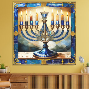 Toile Hanoukka bleue Menorah