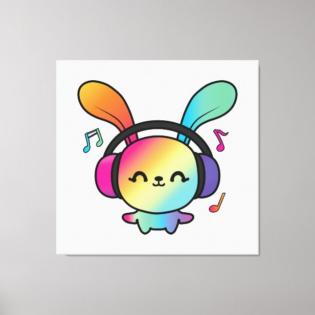 Toile Happy Bunny avec écouteurs écoutant de la musique. (Recto)
