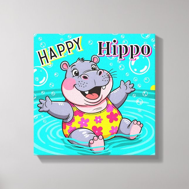 Toile Happy Hippo | Mignonne décoration de chambre d'enf (Recto)