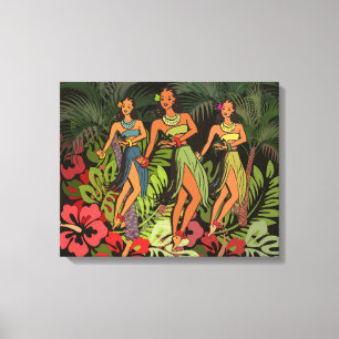 Toile Hawaï Vintage Danseuses de Hula Rétro Tiki Palmier