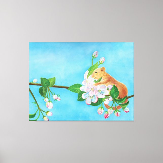 Toile Hazel Dormouse sur une branche fleurie (Recto)