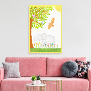 Toile Heureux éléphant chanceux jouissant de fleurs et d