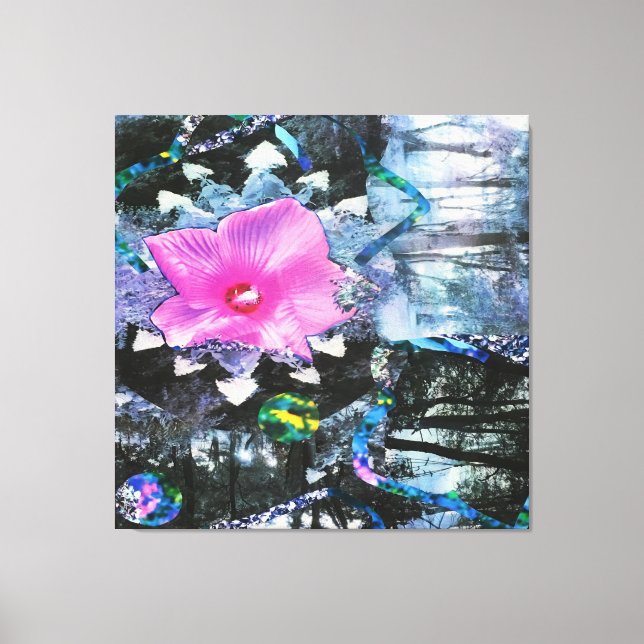 Toile Hibiscus rose Paysage noir et blanc Collage (Recto)