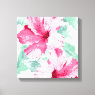 Toile Hibiscus rose tropical rose et vert menthe
