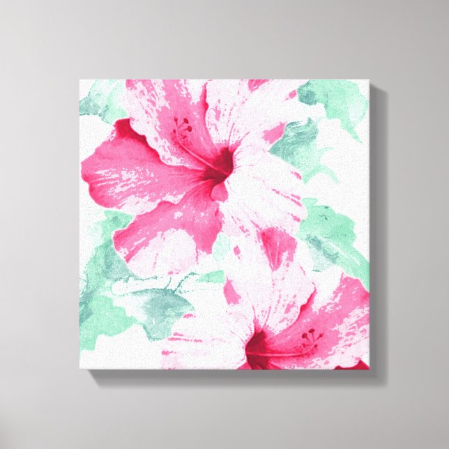 Toile Hibiscus rose tropical rose et vert menthe (Recto)