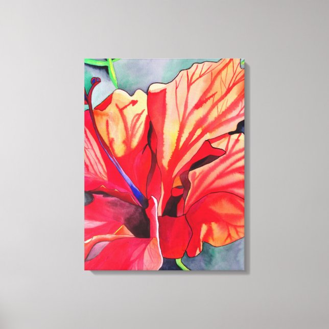 Toile Hibiscus rouge fleurs tropicales aquarelle art (Recto)