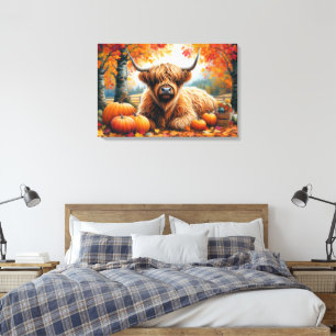 Toile Highland Cow Fall Citrouille Aquarelle