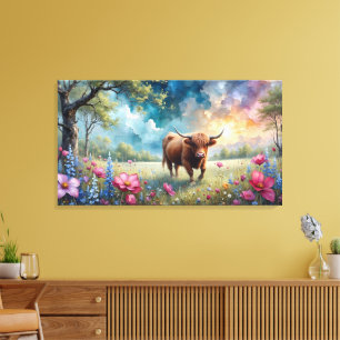 Toile Highland Cow Floral Arbre coloré et ciel