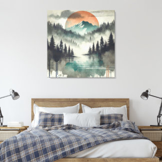 Toile Hiver Fog Mountain Forest Paysage Soleil orange