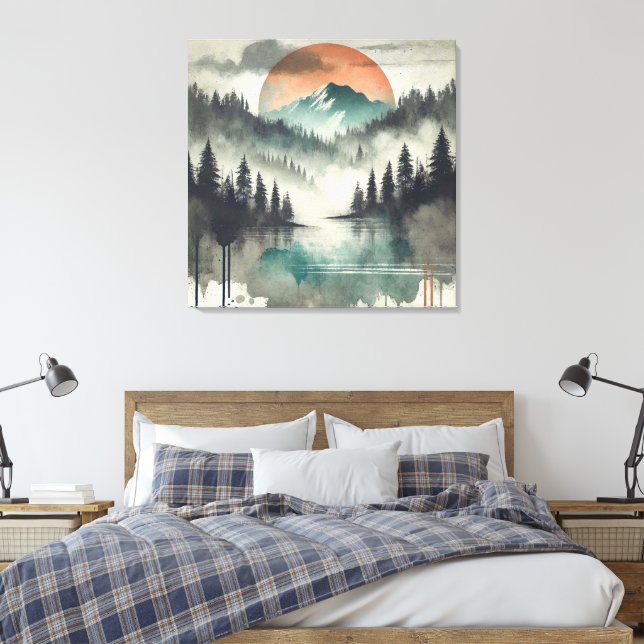Toile Hiver Fog Mountain Forest Paysage Soleil orange (Insitu(Chambre))