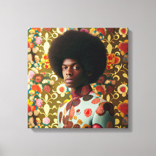Toile Homme avec une afro debout devant un mur fleuri