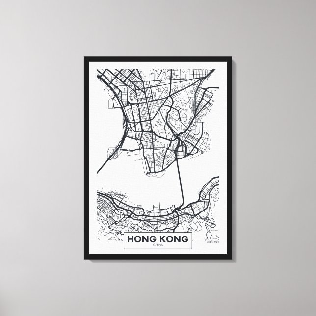 Toile Hong Kong, Chine | Carte de la ville noire et blan (Recto)