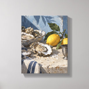 Toile Huîtres et citrons sur lin indigo - Nature morte c