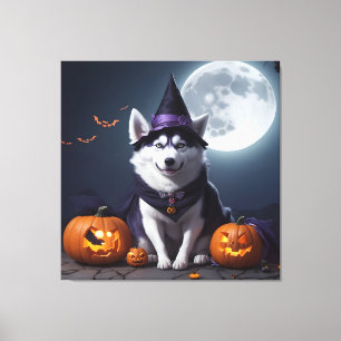 Toile Husky Chien Halloween Aventure Lune Magie Éffrayan
