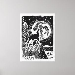 Toile Husky hurlant noir et blanc la nuit Linogravure