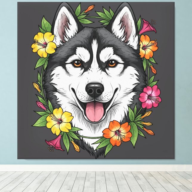 Toile Husky Sled Dog And Colorful Mirablis Flowers (Insitu (Plancher de Bois))