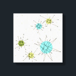 Toile Iconique Starbursts Emballé Canvas<br><div class="desc">Ce motif de toile enrobé de Starbursts atomique emblématique présente des étoiles atomiques emblématiques. C'est vrai ! L'ancienne école, arrière - plan crème avec des taches d'or est la toile de fond parfaite pour le céleri turquoise, apaisant, et les cercles kitsch vert poire. Les taches de couleur sont sporadiquement placées...</div>