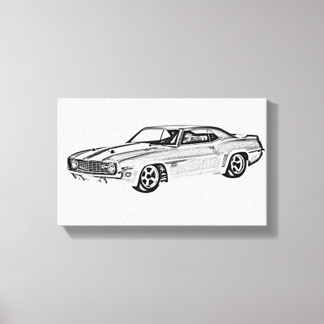Toile Illustration de Camaro Z28 noir et blanc 1969 (Recto)