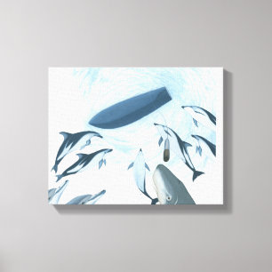 Toile Illustration de dauphins regardant un bateau