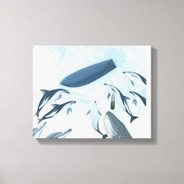 Toile Illustration de dauphins regardant un bateau (Recto)