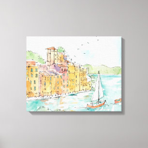 Toile Illustration de port de Porofino avec le voilier