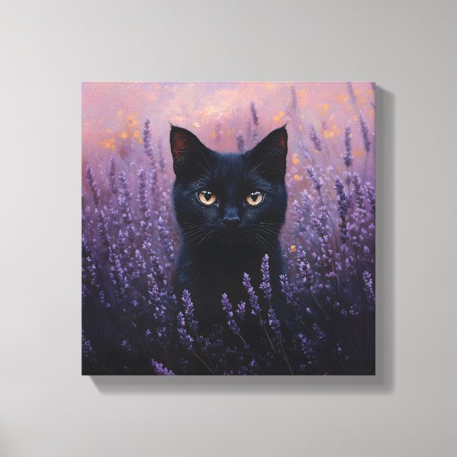 Toile Illustration d'un chat noir dans un champ de lavan (Recto)