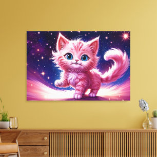 Toile Imaginaire rose chaton fluffy bleu vif yeux art