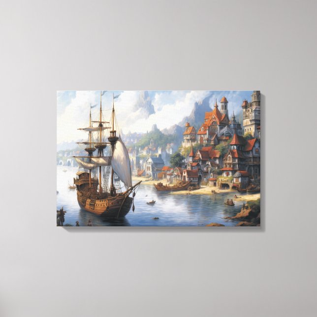 Toile Imaginaire Waterfront Village & Ship (Recto)