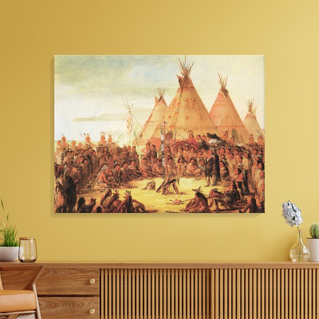 Toile Indiens vintages, Sioux War Council par Catlin (Insitu(Salon))