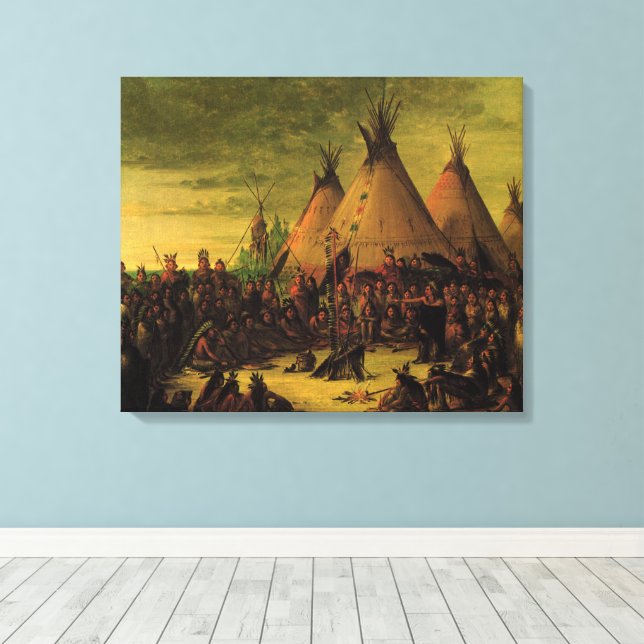 Toile Indiens vintages, Sioux War Council par Catlin (Insitu (Plancher de Bois))