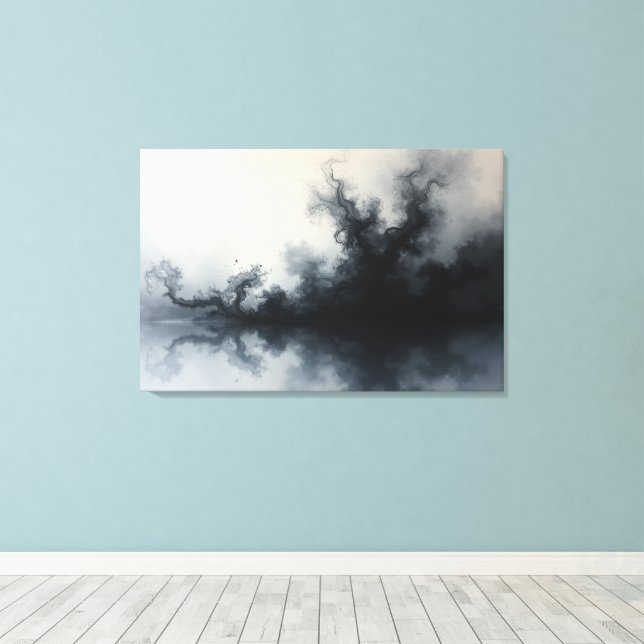 Toile Inkstorm – Art fluide abstrait monochrome 36"x24" (Insitu (Plancher de Bois))