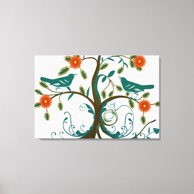 Toile Inséparables Vintages turquoises et orange (Recto)