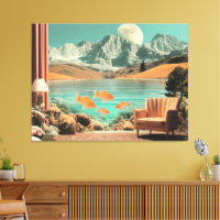 Intérieur surréaliste avec poissons et paysage au