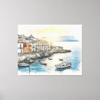 Toile Italian coastal town boats in a watercolor sketch