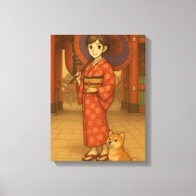 Toile Japan Stroll - Kimono Girl and Shiba dog Art Print (Recto)
