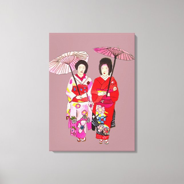 Toile Japonaise Geisha dames kimono rose art original (Recto)