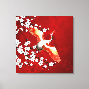 Toile Japonaise Grue Blanc Cerisier Fleur Rouge
