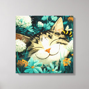 Toile Jardin de fleurs de chat endormi aquarelle abeille