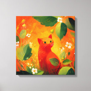 Toile Jardin de fleurs sauvages au chat rouge fantaisist
