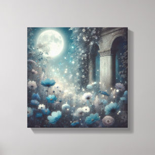 Toile Jardin éclairé par la lune avec fleurs célestes et