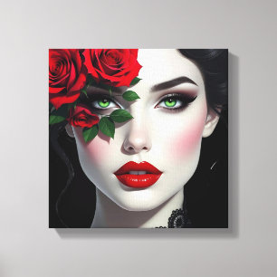 Toile Je t'aime Belle femme avec rose rouge