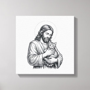 Toile Jésus vintage tenant un chat gravure graphique_1