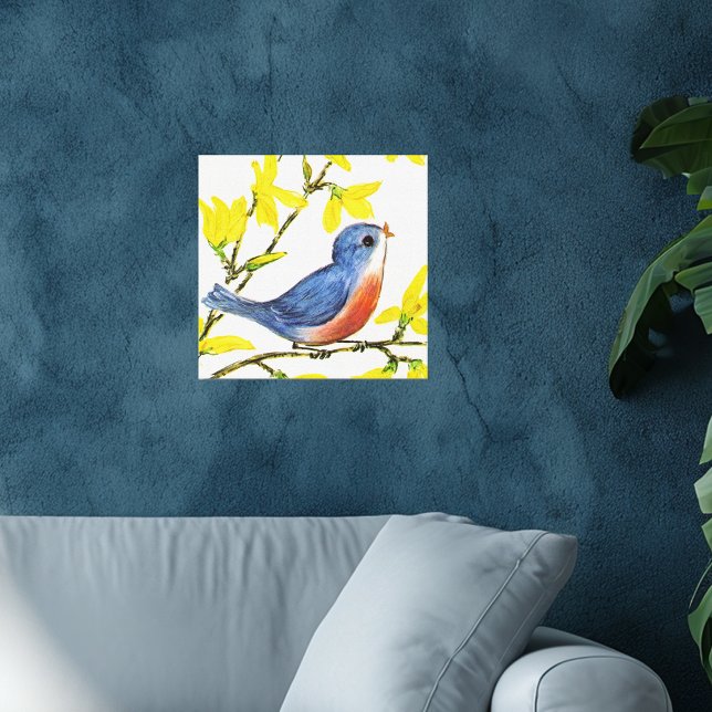 Toile Joli arbre d'oiseau bleu chantant (Little singing blue and red bird on branch yellow flowers faux textured white canvas art print.)