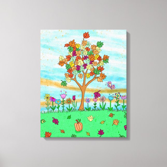 Toile Joli Art populaire Whimsical Autumn Tree Feuilles  (Recto)