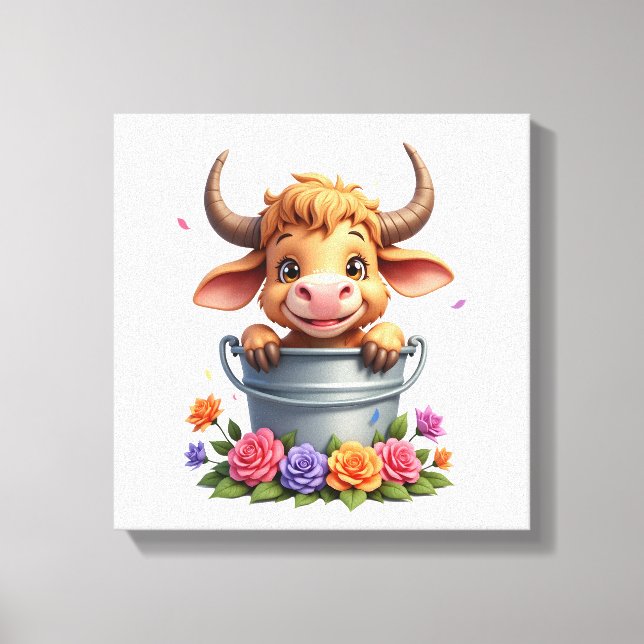 Toile Joli bébé vache des Highlands avec fleurs Veau Ani (Recto)