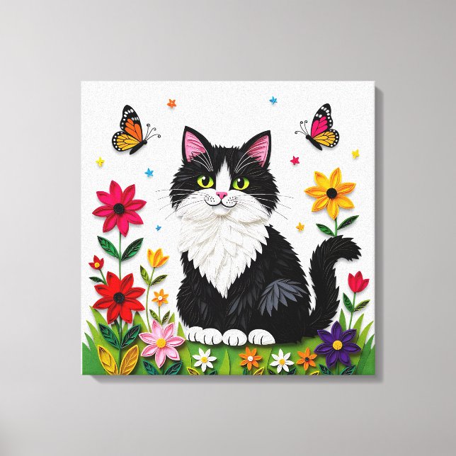 Toile Joli chat noir et blanc, fleurs et papillons (Recto)