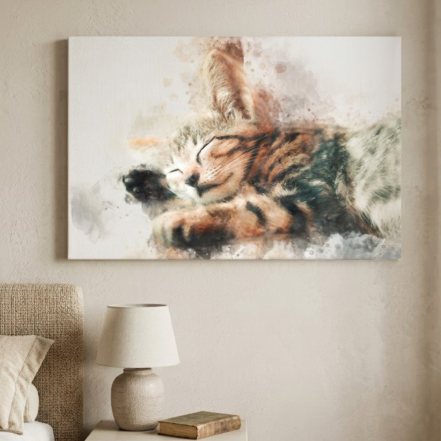 Toile Joli et mignon chaton dormant à l'aquarelle (Beautiful and cute kitten sleeping watercolor. canvas print)