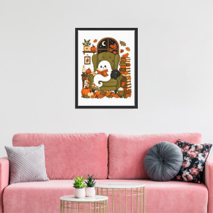 Toile Joli fantôme lisant un livre Chat noir Automne Cit